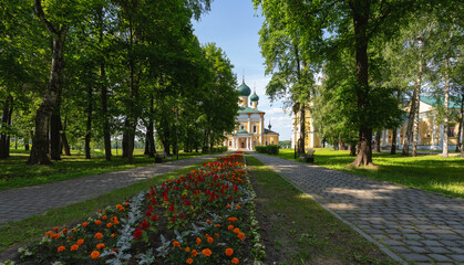 The ancient Russian city of Uglich, a view of the Church of the Transfiguration of the Lord and the Praise of the Most Holy Theotokos