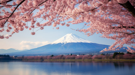 Cherry blossoms and Mount Fuji during a festival in Japan. - obrazy, fototapety, plakaty