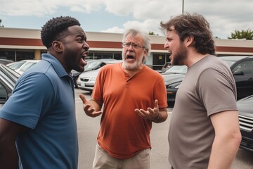 Three men arguing in a parking lot