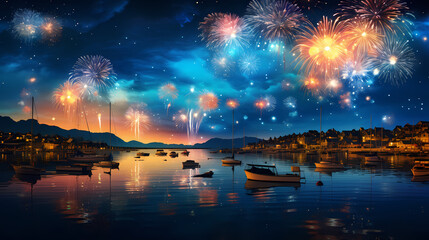 A spectacular display of fireworks lighting up the night sky over a calm, reflective body of water, marking a moment of celebration - obrazy, fototapety, plakaty