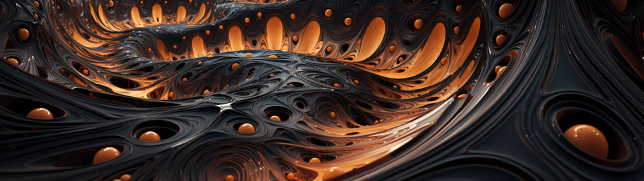 In this ultra-wide abstract dimension, the fundamental essence of reality is a mesmerizing interplay of pulsating ferrofluid veins coursing through an intricate tapestry of geometric structures