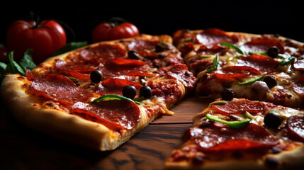 Italian pepperoni pizza with olives cut on  a wooden plate 