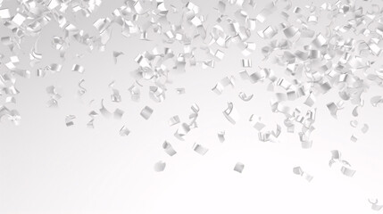 Silver Confetti Foil explosions dispersing into the sky, festive glitters speckling in clusters on a white background.