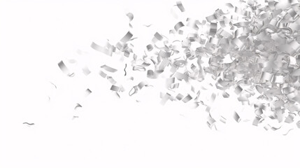Fragments of Silver Confetti Foil scattered all around, afloat in groups on a white backdrop.