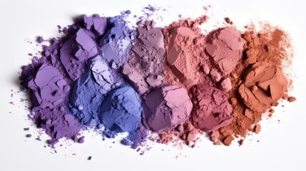 Various crushed makeup products, focusing on a colorful assortment of eye shadows, elegantly displayed against a clean white background.