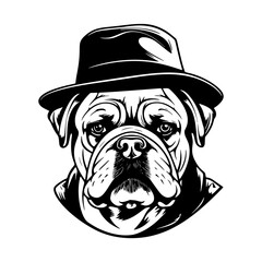Cute dog in suit. Outline funny bulldog puppy in hat . Doodle print with adorable pet for websites and social media. Cartoon flat vector illustration isolated on white background
