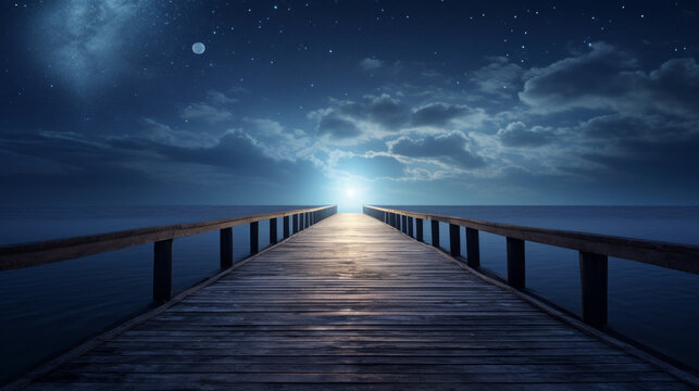 Fototapeta An old wooden pier extends out into the horizon, its aged structure silhouetted against the star-filled night sky