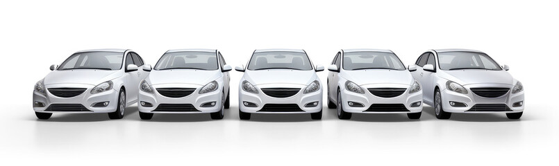 fleet of white cars in a row isolated from transparent background - obrazy, fototapety, plakaty