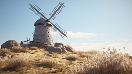 Fototapeta premium An old windmill stands proudly atop a hill, its large blades slowly turning in the gentle breeze