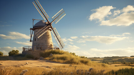 Obraz premium An old windmill stands proudly atop a hill, its large blades slowly turning in the gentle breeze