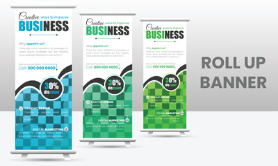 Roll up banner design template, Editable vertical template vector set, modern standee and flag banner