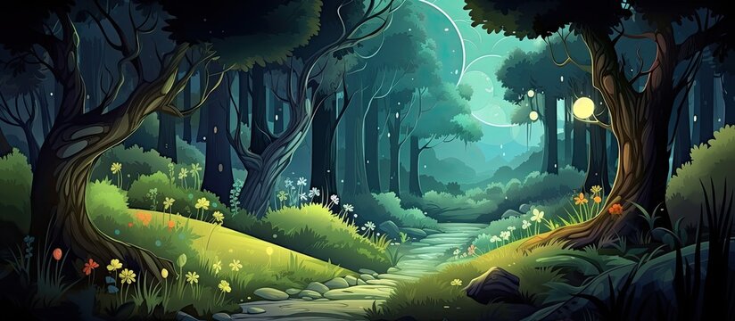 Childrens illustration depicting nighttime forest in a cartoon setting