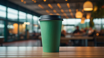 A snap of a reusable paper mug inside a highway rest stop or eatery.