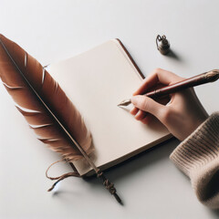 notebook and feather on white background. ai generative