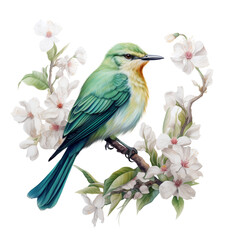 Spring colorful bird. Little bird sit on a branch. Illustration isolated on white background.
