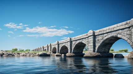 An old stone bridge stands tall against a brilliant blue sky, spanning a wide expanse of calm waters