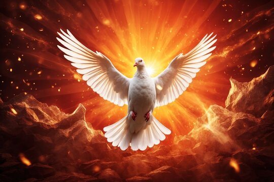 Pentecost Sunday. Flying white dove in fire background. ai generative