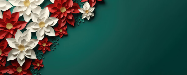 christmas  poinsettia flower paper cut , pattern items on green emerald blank back ground with large copy space 