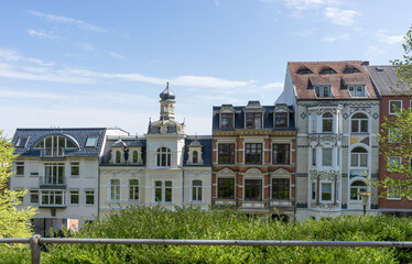 View of historical buildings in Flensburg Südergraben in spring