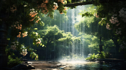 Enjoy the soothing nature while experiencing a marvelous downpour in the warmth of spring or summer. - obrazy, fototapety, plakaty