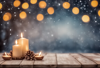 Tavolo di Legno Festivo- Candele e Atmosfera Invernale e natalizia
