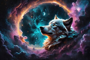 Naklejka premium Generative Ai Wolf Fantas in space galaxy,, fantasy wolf, fantasy wolf in galaxy space, Wolf in the Surrealist and Abstract Galaxy, wolf howling, Fantasy Surreal Galaxy with Wolf Face in Space, wolves
