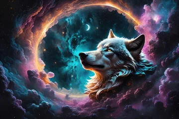 Poster Paysage fantastique Generative Ai Wolf Fantas in space galaxy, s, fantasy wolf, fantasy wolf in galaxy space, Wolf in the Surrealist and Abstract Galaxy, wolf howling, Fantasy Surreal Galaxy with Wolf Face in Space