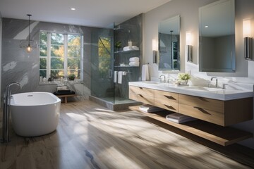 A Serene Bathroom Oasis with a Luxurious Tub, Elegant Sink, and Expansive Mirror
