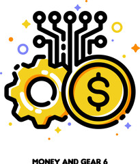 Fototapeta premium Icon of coin and gear for cryptocurrency transactions and digital payment system concept. Flat filled outline style. Pixel perfect 64x64. Editable stroke