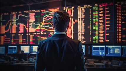 horizontal view of a business man standing in front of computer screens at the office, checking the performances of the stock market AI generated