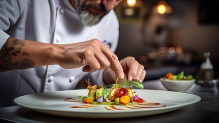 close up horizontal view of a fine dining chef finishing the garnish of a dish with fresh herbs AI...