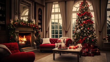Fototapeta na wymiar Horizontal view of a Christmas decorated living room, fireplace, sofas and Christmas tree AI generated
