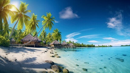 horizontal view of a tropical paradise beach resort, palm trees, white sand and crystal clear water AI generated