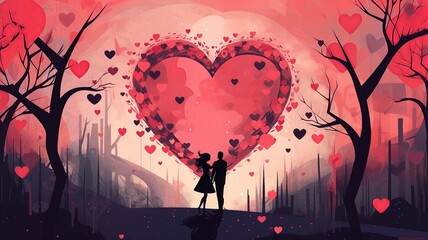 Illustration of a couple's silhouette together on a Valentine's day AI generated