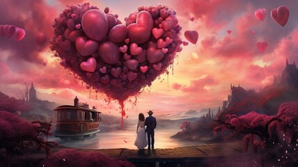 illustration of a couple together next to a lake facing heart shaped balloons floating in the sky AI generated
