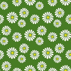 Small beautiful white chamomile flowers isolated on a green background. Cute floral seamless pattern. Vector simple flat graphic illustration. Texture.