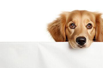 Golden retriever puppy peeking out behind a blank white poster on a white background. Banner mockup...