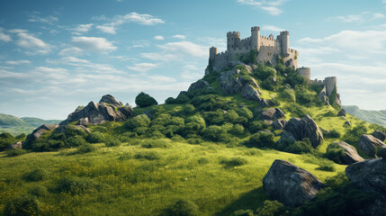 An old stone castle is situated atop a hill, surrounded by a vibrant green landscape and a brilliant blue sky - obrazy, fototapety, plakaty