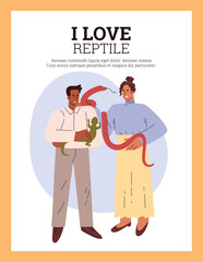 Man holding lizard and woman holding snake.