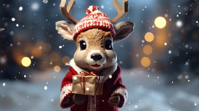 Adorable Reindeer in Christmas Attire with Snowy Blurred Background