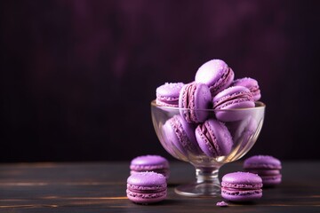Bowl of purple macaroons on dark background. Generative AI
