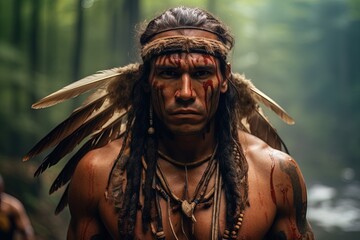 A fierce Native American warrior in traditional dress. 