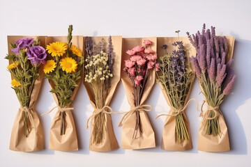 Rustic Elegance: Bouquet of Dried Flowers in Paper Bags on a White Background
