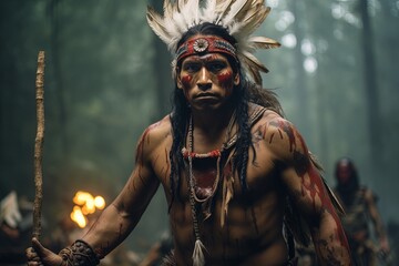Fototapeta na wymiar A fierce Native American warrior in traditional dress. 