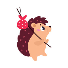 Cute Hedgehog Character Hiking with Bag on Stick Vector Illustration