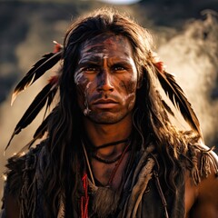A fierce Native American warrior in traditional dress. 