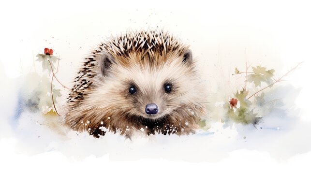 Adorable hedgehog in snow, winter snowy grasses. Cute watercolor illustration for children, students and young-minded people.