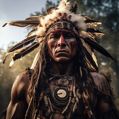 A fierce Native American warrior in traditional dress. 