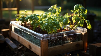Fresh vegetable sprouts in sunlight on wooden table