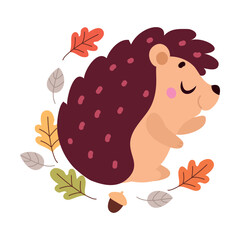 Cute Hedgehog Character Sleep Among Autumn Leaf Vector Illustration
